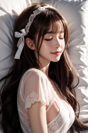 1girl, solo, long hair, smiling, bangs, brown hair, Wearing sexy transparent lace pajamas, eyes closed, sleeping, in the bedroom, lying on the bed, from the side, bow, ribbon, hair ribbon,  hairband,  parted lips, lips,  bow,  realistic,