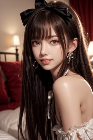 1girl, solo, long hair, looking at the viewer, smile, teeth, bangs, brown hair, realistic, sexy pajamas, lying on the bed, in the bedroom, earrings, black eyes, lips, bow headband, lips, ribbon, realistic, parted lips, lips, ribbon, realistic, blurry background,