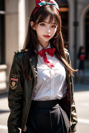 1girl, solo, long hair, looking at the viewer, smile, bangs, brown hair,  realistic, skirt, jacket, military uniform, pencil skirt, realistic, medium breasts, black eyes, lips, bow headband, blurry, lips, blurry background, ribbon, realistic, parted lips, lips, blurry background, bow, ribbon, realistic,