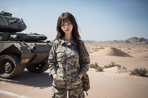 a 20 yo woman, upper body, smile, Tight-fitting military uniform, camouflage military uniform,camouflage, long sleeves and long pants, medium breast, in the desert ,  stand near a  giant tank ,Hands in pockets,direct lighting,  long hair,  soothing tones,  high contrast,  (natural skin texture,  hyperrealism,  soft light,  sharp), chromatic_background, simple background, Detailedface, Detailed eyes, Detailedface,MRRPSS, blurry_background