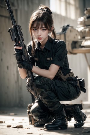 1girl, solo, long hair, looking at the viewer, smile, laugh,  bangs, brown hair, realistic, ponytail, open mouth, gloves, holding, weapon,  realistic, short sleeves, boots, black gloves, pants, fingerless gloves, black footwear, holding weapon, blurry, gun, military, black shirt, blurry background, black pants, holding gun, knee pads, one knee, combat boots, equipped with a ultrarealistic photorealistic detailed M60 machine gun,, Military,  elegance, masterpiece, earrings, realistic,  masterpiece, best quality, photorealistic, raw photo,  earrings, black eyes, lips, bow headband, lips, ribbon, realistic, parted lips, lips, ribbon, realistic, blurry background,Military,Taskforce