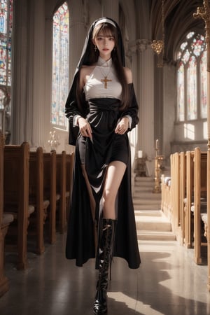 1girl, solo, long hair, looking at the viewer, smile, laugh,  bangs, brown hair, realistic, shoulders-long messy elegant hair, high boots, nun suit, in the church, cleavage, skirt, boots, elegance, masterpiece,  Cross necklace, earrings, realistic,  masterpiece, best quality, photorealistic, raw photo,  earrings, black eyes, lips, bow headband, lips, ribbon, realistic, parted lips, lips, ribbon, realistic, blurry background, 