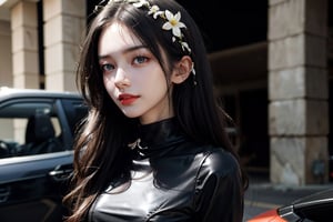 at night, a 20 yo woman, smile, laugh, long hair, medium breast, sexy, realistic,  bright sunny smile, parted lips, flower hair accessories,  face close up, ((Mock Neck Illusion Long Sleeve very short black minidress Black Leather)) , jewels. standing in a parking lot, sports car, at night, masterpiece, best quality, photorealistic, raw photo,  Standing,  with direct lighting, long hair, soothing tones, high contrast, (natural skin texture, hyperrealism, soft light, sharp), chromatic_background, Detailedface, Detailed eyes, Detailedface, blurry background, realistic ,Car,Sports car,super car