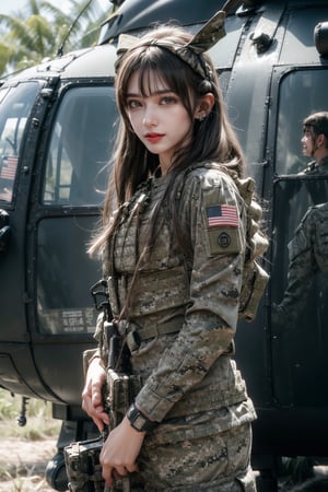 1girl, solo, long hair, smile, laugh, bangs, brown hair, reality, in the forest, in the jungle, military helicopter (UH-60 Black Hawk), aircraft, copter focus, slim body, soldier girl, wearing camouflage military uniform, long sleeves, long pants, highly detailed , lips, earrings, dark eyes, lips, bow headband, lips, ribbon, realistic, parted lips, lips, ribbon, realistic, blurred background, military,Military, UH-60 Black Hawk