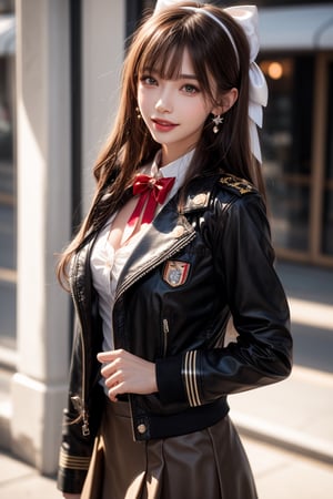 1girl, solo, long hair, looking at the viewer, smile, bangs, brown hair,  realistic, skirt, jacket, military uniform, pencil skirt, realistic, medium breasts, earrings, black eyes, lips, bow headband, blurry, lips, blurry background, ribbon, realistic, parted lips, lips, blurry background, bow, ribbon, realistic,