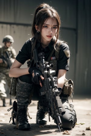 1girl, solo, long hair, looking at the viewer, smile, laugh,  bangs, brown hair, realistic, ponytail, open mouth, gloves, holding, weapon,  realistic, short sleeves, boots, black gloves, pants, fingerless gloves, black footwear, holding weapon, blurry, gun, military, black shirt, blurry background, black pants, holding gun, equipped with a ultrarealistic photorealistic detailed M60 machine gun, knee pads, one knee, combat boots, m16a4, Military,  elegance, masterpiece, earrings, realistic,  masterpiece, best quality, photorealistic, raw photo,  earrings, black eyes, lips, bow headband, lips, ribbon, realistic, parted lips, lips, ribbon, realistic, blurry background,Military,Taskforce