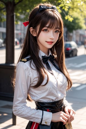 1girl, solo, long hair, looking at the viewer, smiling, bangs, brown hair,  military uniform, pencil skirt, outdoors,, bow, ribbon, hair ribbon,  hairband,  parted lips,  bowtie, lips,  bow,  ribbon, realistic,