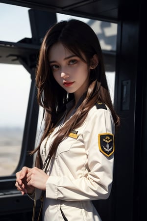 a 20 yo woman, upper body, smile, Tight-fitting military uniform, camouflage military uniform, long sleeves and long pants, medium breast, on the aircraft carrier's deck,  fight jet(F-22),  direct lighting,  long hair,  soothing tones,  high contrast,  (natural skin texture,  hyperrealism,  soft light,  sharp), chromatic_background, simple background, Detailedface, Detailed eyes, Detailedface,MRRPSS, blurry_background,F-22