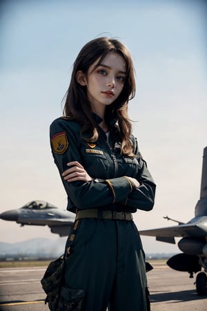 a 20 yo woman, upper body, smile, Tight-fitting military uniform, camouflage military uniform, emblem, crossed arms, long sleeves and long pants, medium breast, at the air force base tarmac,  day, standing in front of a fight jet(F-16),  direct lighting,  long hair,  soothing tones,  high contrast,  (natural skin texture,  hyperrealism,  soft light,  sharp), chromatic_background, simple background, Detailedface, Detailed eyes, Detailedface,MRRPSS, ,F-22,F16 FALCON