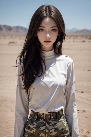 a 20 yo woman, upper body, smile, Tight-fitting military uniform, camouflage military uniform,camouflage, long sleeves and long pants, medium breast, in the desert ,  fight jet  direct lighting,  long hair,  soothing tones,  high contrast,  (natural skin texture,  hyperrealism,  soft light,  sharp), chromatic_background, simple background, Detailedface, Detailed eyes, Detailedface,MRRPSS, blurry_background