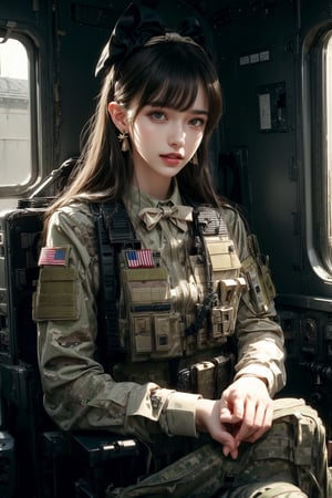 1girl, solo, long hair, looking at the viewer, smile, laugh, teeth, bangs, brown hair, realistic, (masterpiece, best quality, CGI, official art:1.2), as a helicopter pilot, sitting inside of a helicopter, (masterpiece, top quality, best quality, official art, beautiful and aesthetic:1.2), (1girl), extremely detailed, Movie Still, Film Still, Wearing tight military uniform, long sleeves camouflage military uniform, Bulletproof vest, seat belt, Cinematic, masterpiece, best quality, photorealistic, raw photo, earrings, black eyes, lips, bow headband, lips, ribbon, realistic, parted lips, lips, ribbon, realistic, blurry background,Military