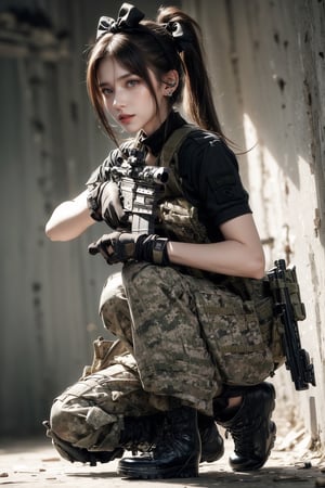 1girl, solo, long hair, looking at the viewer, smile, laugh,  bangs, brown hair, realistic, ponytail, open mouth, gloves, holding, weapon,  realistic, short sleeves, boots, black gloves, pants, fingerless gloves, black footwear, holding weapon, blurry, gun, military, black shirt, blurry background, black pants, holding gun, equipped with an ultrarealistic photorealistic detailed M4A1 assault rifle, knee pads, one knee, combat boots, M4A1, Military,  elegance, masterpiece, earrings, realistic,  masterpiece, best quality, photorealistic, raw photo,  earrings, black eyes, lips, bow headband, lips, ribbon, realistic, parted lips, lips, ribbon, realistic, blurry background,Military,Taskforce