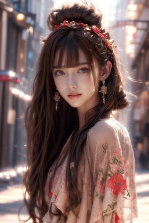 1girl, solo, long hair, looking at the viewer, smile, teeth, bangs, brown hair, realistic, full body, jewelry, earrings, hair flower, lips,  best quality, greatest detail, detailed background masterpiece, insane details, intricate, aesthetic,1girl, Samurai girl, full body, light smile, charming, half updo hair. Mohawk, Floral embroidered mesh overlay dress,Drape , Standing, earrings, black eyes, lips, bow headband, lips, ribbon, realistic, parted lips, lips, ribbon, realistic, blurry background,