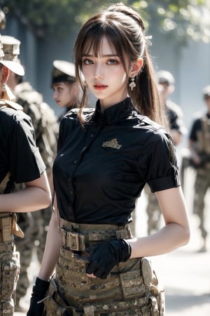 1girl, solo, long hair, upper body, cowboy shot, looking at the viewer, smile, laugh,  bangs, brown hair, realistic, ponytail, open mouth,  realistic, short sleeves, boots, black gloves, pants,  blurry, military, black shirt, blurry background,  Military uniform,  elegance, masterpiece, earrings, realistic, masterpiece, best quality, photorealistic, raw photo,  earrings, black eyes, lips, bow headband, lips, ribbon, realistic, parted lips, lips, ribbon, realistic, blurry background, Military,Taskforce,girl