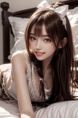 1girl, solo, long hair, looking at the viewer, smile, teeth, bangs, brown hair, sexy pajamas, lying on the bed, in the bedroom, headband, headband, night,  ribbon, hair ribbon, bow hairband,  parted lips,  lips,  bow,  ribbon, realistic,