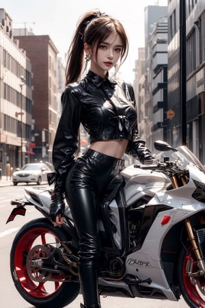 1girl, solo, long hair, looking at viewer, smile, laugh, bangs, brown hair, ponytail, realistic,  medium breast, rides a huge motorcycle with a sense of technology, in the urban area, gloves, shirt, hair ornament, long sleeves, bow, ribbon, navel, jewelry, white shirt, ponytail, earrings, outdoors, parted lips, day, midriff, collared shirt, pants, lips, crop top, full body, boots, outdoors, black gloves, pants, black footwear, blurry,  blurry background, black pants, ground vehicle, motor vehicle, road, leather, motorcycle, leather pants, on a motorcycle, earrings, black eyes, lips, bow headband, lips, ribbon, realistic, parted lips, lips, ribbon, realistic, blurry background,,zzfutbikzz