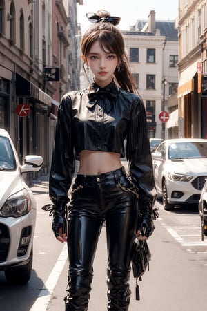 1girl, solo, long hair, looking at viewer, smile, laugh, bangs, brown hair, ponytail, realistic,  medium breast, rides a huge motorcycle with a sense of technology, in the urban area, gloves, shirt, hair ornament, long sleeves, bow, ribbon, navel, jewelry, white shirt, ponytail, earrings, outdoors, parted lips, day, midriff, collared shirt, pants, lips, crop top, full body, boots, outdoors, black gloves, pants, black footwear, blurry,  blurry background, black pants, road, leather, motorcycle, leather pants, on a motorcycle, earrings, black eyes, lips, bow headband, lips, ribbon, realistic, parted lips, lips, ribbon, realistic, blurry background,,zzfutbikzz