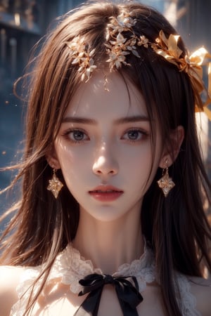 1girl, solo, long hair, looking at the viewer, smile, bangs, brown hair, realistic, (masterpiece, best quality, CGI, official art:1.2),  (masterpiece, top quality, best quality, official art, beautiful and aesthetic:1.2), (1girl), extremely detailed, Movie Still, Film Still, perfect lighting, vivid colors, scenery, victorian, Cinematic, masterpiece, best quality, photorealistic, raw photo, earrings, black eyes, lips, bow headband, lips, ribbon, realistic, parted lips, lips, ribbon, realistic, blurry background,Anime