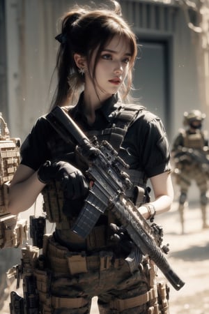 1girl, solo, long hair, looking at the viewer, smile, laugh,  bangs, brown hair, realistic, ponytail, open mouth, gloves, holding, weapon,  realistic, short sleeves, boots, black gloves, pants, fingerless gloves, black footwear, holding weapon, blurry, gun, military, black shirt, blurry background, black pants, holding gun, rifle, assault rifle, knee pads, one knee, combat boots, ar-15, Military,  elegance, masterpiece, earrings, realistic,  masterpiece, best quality, photorealistic, raw photo,  earrings, black eyes, lips, bow headband, lips, ribbon, realistic, parted lips, lips, ribbon, realistic, blurry background,Military,Taskforce,Assault rifle 