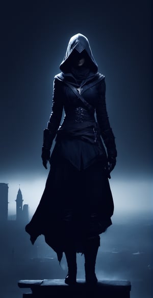 Assassins creed, female assassins, dark city, standing on rooftops, squatting,scary,dark,dark aura,smooth style,sharp style