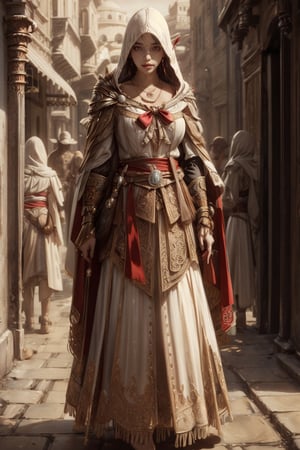 1girl, solo, long hair, looking at viewer, smile, laugh, bangs, brown hair, realistic,  medium breast, cowboy shot,  mature body, fantastical and ethereal scenery, daytime, jewelry, standing, earrings, outdoors, day, hood, necklace, cape, armor, blurry, lips, sash, hand on own chest, shoulder armor, realistic, vambraces, jewelry, full body, boots, hood, necklace, sash, vambraces, White heavy robe, white pants, cloak, dress as Assassin Creed style, cowboy shot,  mature body, fantastical and ethereal scenery, daytime,  earrings, outdoors, parted lips, day, lips, full body, outdoors,  blurry,  blurry background, earrings, black eyes, lips, bow headband, lips, ribbon, realistic, parted lips, lips, ribbon, realistic, blurry background,AS