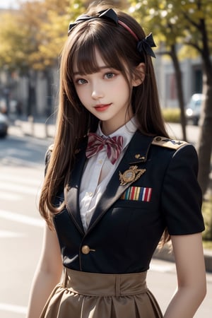 1girl, solo, long hair, looking at the viewer, smiling, bangs, brown hair,  military uniform, pencil skirt, outdoors,, bow, ribbon, hair ribbon,  hairband,  parted lips,  bowtie, lips,  bow,  ribbon, realistic,