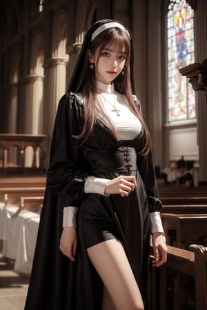 1girl, solo, long hair, looking at the viewer, smile, laugh,  bangs, brown hair, realistic, shoulders-long messy elegant hair, high boots, nun suit, in the church, cleavage, skirt, boots, elegance, masterpiece,  Cross necklace, earrings, realistic,  masterpiece, best quality, photorealistic, raw photo,  earrings, black eyes, lips, bow headband, lips, ribbon, realistic, parted lips, lips, ribbon, realistic, blurry background, 