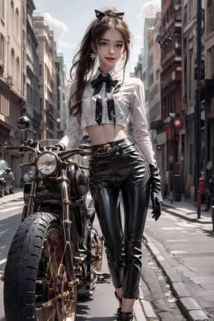 1girl, solo, long hair, looking at viewer, smile, laugh, bangs, brown hair, realistic,  medium breast, rides a heavy speed motorcycle in the urban area, gloves, shirts, hair ornament, long sleeves, bow, ribbon, navel, jewelry, white shirt, ponytail, earrings, outdoors, parted lips, day, midriff, collared shirt, pants, lips, crop top, full body, boots, outdoors, black gloves, pants, black footwear, blurry,  blurry background, black pants, ground vehicle, motor vehicle, road, leather, motorcycle, leather pants, on motorcycle, earrings, black eyes, lips, bow headband, lips, ribbon, realistic, parted lips, lips, ribbon, realistic, blurry background,sprbk