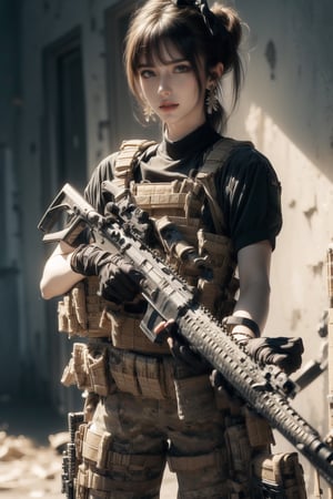 1girl, solo, long hair, looking at the viewer, smile, laugh,  bangs, brown hair, realistic, ponytail, open mouth, gloves, holding, weapon,  realistic, short sleeves, boots, black gloves, pants, fingerless gloves, black footwear, holding weapon, blurry, gun, military, black shirt, blurry background, black pants, holding gun, rifle, assault rifle, knee pads, one knee, combat boots, ar-15, Military,  elegance, masterpiece, earrings, realistic,  masterpiece, best quality, photorealistic, raw photo,  earrings, black eyes, lips, bow headband, lips, ribbon, realistic, parted lips, lips, ribbon, realistic, blurry background,Military,Taskforce,Assault rifle 