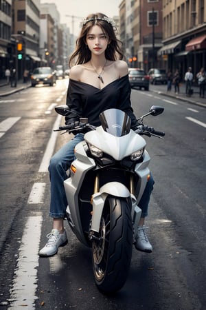 a 20 yo woman, smile, laugh, long hair,  medium breast, sexy, ponytail, realistic,  medium breast, rides a huge motorcycle with a sense of technology, in the urban area, shirt,  jewelry,  earrings, outdoors, parted lips, day, pants, lips, full body, shoes, outdoors, blurry,  blurry background, motor vehicle, road, motorcycle, on a motorcycle, flower hair accessories,  realistic, off-shoulder shirt, road, street, bra strap, crosswalk, (((half body))), direct lighting, long hair, soothing tones, high contrast, (natural skin texture, hyperrealism, soft light, sharp), chromatic_background, simple background, Detailedface, Detailed eyes, Detailedface,ftsbk