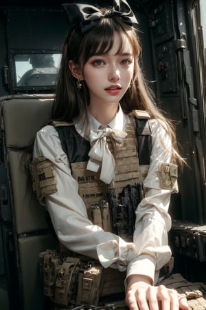1girl, solo, long hair, looking at the viewer, smile, laugh, teeth, bangs, brown hair, realistic, (masterpiece, best quality, CGI, official art:1.2), as a helicopter pilot, sitting inside of a helicopter, (masterpiece, top quality, best quality, official art, beautiful and aesthetic:1.2), (1girl), extremely detailed, Movie Still, Film Still, Wearing tight military uniform, long sleeves camouflage military uniform, Bulletproof vest, seat belt, Cinematic, masterpiece, best quality, photorealistic, raw photo, earrings, black eyes, lips, bow headband, lips, ribbon, realistic, parted lips, lips, ribbon, realistic, blurry background,Military
