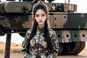 a 20 yo woman, smile, laugh, long hair, medium breast, sexy, realistic,  bright sunny smile, parted lips,   jewelry, earrings, ponytail, lips, Tight-fitting military uniform, camouflage military uniform, camouflage, long sleeves, and long pants, medium breast, in the desert,  stand near a  giant tank, Hands in pockets with direct lighting, long hair, soothing tones, high contrast, (natural skin texture, hyperrealism, soft light, sharp), chromatic_background, Detailedface, Detailed eyes, Detailedface, blurry background,realistic hands,tank