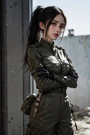 a 20 yo woman, upper body, smile, Tight-fitting military uniform, camouflage military uniform, emblem, crossed arms, long sleeves and long pants, medium breast, ponytail, open mouth,  realistic, short sleeves, boots, black gloves, pants,  blurry, military, blurry background,  Military uniform,,  direct lighting,  long hair,  soothing tones,  high contrast,  (natural skin texture,  hyperrealism,  soft light,  sharp), chromatic_background, simple background, Detailedface, Detailed eyes, Detailedface,MRRPSS, 