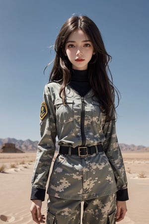 a 20 yo woman, upper body, smile, Tight-fitting military uniform, camouflage military uniform,camouflage, long sleeves and long pants, medium breast, in the desert ,  fight jet  direct lighting,  long hair,  soothing tones,  high contrast,  (natural skin texture,  hyperrealism,  soft light,  sharp), chromatic_background, simple background, Detailedface, Detailed eyes, Detailedface,MRRPSS, blurry_background