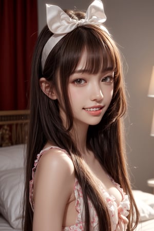 1girl, solo, long hair, looking at the viewer, smile, teeth, bangs, brown hair, sexy pajamas, lying on the bed, in the bedroom, headband, headband, night,  ribbon, hair ribbon, bow hairband,  parted lips,  lips,  bow,  ribbon, realistic,