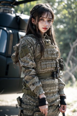 1girl, solo, long hair, smile, laugh, bangs, brown hair, reality, in the forest, in the jungle, military helicopter (UH-60 Black Hawk), aircraft, copter focus, slim body, soldier girl, wearing camouflage military uniform, long sleeves, long pants, highly detailed , lips, earrings, dark eyes, lips, bow headband, lips, ribbon, realistic, parted lips, lips, ribbon, realistic, blurred background, military,Military, UH-60 Black Hawk