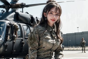 1girl, solo, long hair, looking at the viewer, smile, laugh,  bangs, brown hair, realistic, ponytail, open mouth, tight-fitting military uniform, camouflage military uniform, emblem, look at the viewer, long sleeves and long pants, medium breast, at the air force base tarmac, day, standing in front of a huge helicopter (UH-60 Black Hawk),  elegance, masterpiece, earrings, realistic,  masterpiece, best quality, photorealistic, raw photo,  earrings, black eyes, lips, bow headband, lips, ribbon, realistic, parted lips, lips, ribbon, realistic, blurry background, Military,Taskforce,girl