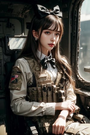 1girl, solo, long hair, looking at the viewer, smile, laugh, bangs, brown hair, realistic, (masterpiece, best quality, CGI, official art:1.2), as a helicopter pilot, sitting inside of a helicopter, (masterpiece, top quality, best quality, official art, beautiful and aesthetic:1.2), (1girl), extremely detailed, Movie Still, Film Still, Wearing a tight military uniform, long sleeves camouflage military uniform, Bulletproof vest, seat belt, Cinematic, masterpiece, best quality, photorealistic, raw photo, earrings, black eyes, lips, bow headband, lips, ribbon, realistic, parted lips, lips, ribbon, realistic, blurry background, Military