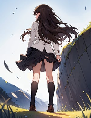 Masterpiece, Top Quality, High Definition, Artistic Composition,1 girl, brown hair, from below, standing on a hill, backlit, striking light, white blazer, school uniform, on her way to school, looking at me, black hair, long hair - standing tall, young lady, black ribbon, portrait, bold composition, Full body, Loafers