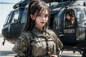 1girl, solo, long hair, looking at the viewer, smile, laugh,  bangs, brown hair, realistic, ponytail, open mouth, tight-fitting military uniform, camouflage military uniform, emblem, look at the viewer, long sleeves and long pants, medium breast, at the air force base tarmac, day, standing in front of a huge helicopter (UH-60 Black Hawk),  elegance, masterpiece, earrings, realistic,  masterpiece, best quality, photorealistic, raw photo,  earrings, black eyes, lips, bow headband, lips, ribbon, realistic, parted lips, lips, ribbon, realistic, blurry background, Military,Taskforce,girl