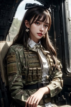 1girl, solo, long hair, looking at the viewer, smile, laugh, teeth, bangs, brown hair, realistic, (masterpiece, best quality, CGI, official art:1.2), as a helicopter pilot, sitting inside of a helicopter, (masterpiece, top quality, best quality, official art, beautiful and aesthetic:1.2), (1girl), extremely detailed, Movie Still, Film Still, Wearing tight military uniform, long sleeves camouflage military uniform, Bulletproof vest, seat belt, Cinematic, masterpiece, best quality, photorealistic, raw photo, earrings, black eyes, lips, bow headband, lips, ribbon, realistic, parted lips, lips, ribbon, realistic, blurry background,Military