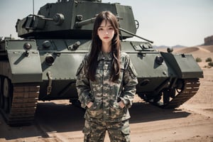 a 20 yo woman, upper body, smile, Tight-fitting military uniform, camouflage military uniform,camouflage, long sleeves and long pants, medium breast, in the desert ,  stand near a  giant tank ,Hands in pockets,direct lighting,  long hair,  soothing tones,  high contrast,  (natural skin texture,  hyperrealism,  soft light,  sharp), chromatic_background, simple background, Detailedface, Detailed eyes, Detailedface,MRRPSS, blurry_background