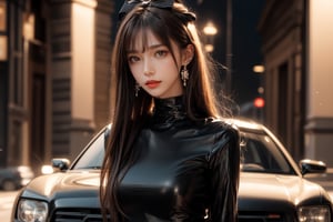 at night, night, moon, city street, 1girl, solo, long hair, looking at the viewer, smile, bangs, brown hair, realistic, shoulders-long messy elegant hair. ((Mock Neck Illusion Long Sleeve very short black minidress Black Leather)) , jewels. standing, in the evening, sports car, at night, night, masterpiece, best quality, photorealistic, raw photo, earrings, black eyes, lips, bow headband, lips, ribbon, realistic, parted lips, lips, ribbon, realistic, blurry background,Car