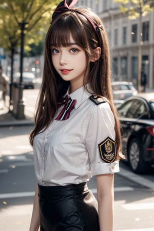 1girl, solo, long hair, looking at the viewer, smiling, bangs, brown hair,  military uniform, pencil skirt, outdoors,, bow, ribbon, hair ribbon,  hairband,  parted lips,  bowtie, lips,  bow,  ribbon, realistic,