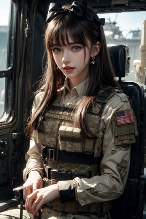 1girl, solo, long hair, looking at the viewer, smile, laugh, teeth, bangs, brown hair, realistic, (masterpiece, best quality, CGI, official art:1.2), as a helicopter pilot, sitting inside of a helicopter, (masterpiece, top quality, best quality, official art, beautiful and aesthetic:1.2), (1girl), extremely detailed, Movie Still, Film Still, Wearing tight military uniform, long sleeves camouflage military uniform, Bulletproof vest, seat belt, Cinematic, masterpiece, best quality, photorealistic, raw photo, earrings, black eyes, lips, bow headband, lips, ribbon, realistic, parted lips, lips, ribbon, realistic, blurry background,Military