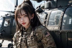 1girl, solo, long hair, looking at the viewer, smile, laugh,  bangs, brown hair, realistic, ponytail, open mouth, tight-fitting military uniform, camouflage military uniform, emblem, look at the viewer, long sleeves and long pants, medium breast, at the air force base tarmac, day, standing in front of a huge helicopter (UH-60 Black Hawk),  elegance, masterpiece, earrings, realistic,  masterpiece, best quality, photorealistic, raw photo,  earrings, black eyes, lips, bow headband, lips, ribbon, realistic, parted lips, lips, ribbon, realistic, blurry background, Military,Taskforce,girl，UH-60 Black Hawk