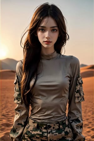 a 20 yo woman, upper body, smile, Tight-fitting military uniform, camouflage military uniform, long sleeves and long pants, medium breast, in the desert ,  tank  direct lighting,  long hair,  soothing tones,  high contrast,  (natural skin texture,  hyperrealism,  soft light,  sharp), chromatic_background, simple background, Detailedface, Detailed eyes, Detailedface,MRRPSS, blurry_background