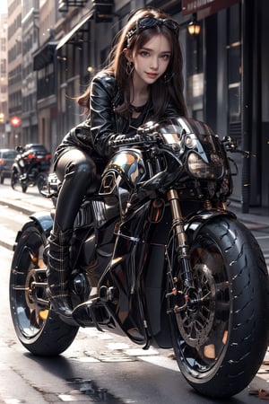 1girl, solo, long hair, looking at viewer, smile, laugh, bangs, brown hair, realistic,  medium breast, rides a (speed motorcycle) in the urban area, gloves, long sleeves, jacket, full body, boots, outdoors, open clothes, black gloves, pants, black footwear, blurry, open jacket, black jacket, bodysuit, blurry background, black pants, ground vehicle, motor vehicle, road, leather, motorcycle, leather jacket, leather pants, on motorcycle, earrings, black eyes, lips, bow headband, lips, ribbon, realistic, parted lips, lips, ribbon, realistic, blurry background,sprbk