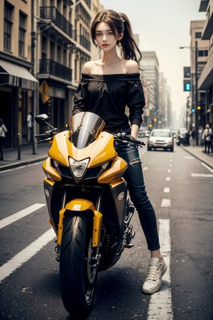 a 20 yo woman, smile, laugh, long hair,  medium breast, sexy, ponytail, realistic,  medium breast, rides a huge motorcycle with a sense of technology, in the urban area, shirt,  jewelry,  earrings, outdoors, parted lips, day, pants, lips, full body, shoes, outdoors, blurry,  blurry background, motor vehicle, road, motorcycle, on a motorcycle, flower hair accessories,  realistic, off-shoulder shirt, road, street, bra strap, crosswalk, (((half body))), direct lighting, long hair, soothing tones, high contrast, (natural skin texture, hyperrealism, soft light, sharp), chromatic_background, simple background, Detailedface, Detailed eyes, Detailedface,ftsbk