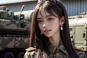 1girl, solo, long hair, looking at the viewer, teeth, smile, bangs, brown hair,  realistic, tight camouflage uniform, military uniform, military uniform, camouflage, in the army military camp, tanks, trucks, realistic, medium breasts, earrings, black eyes, lips, bow headband, lips, ribbon, realistic, parted lips, lips, ribbon, realistic,